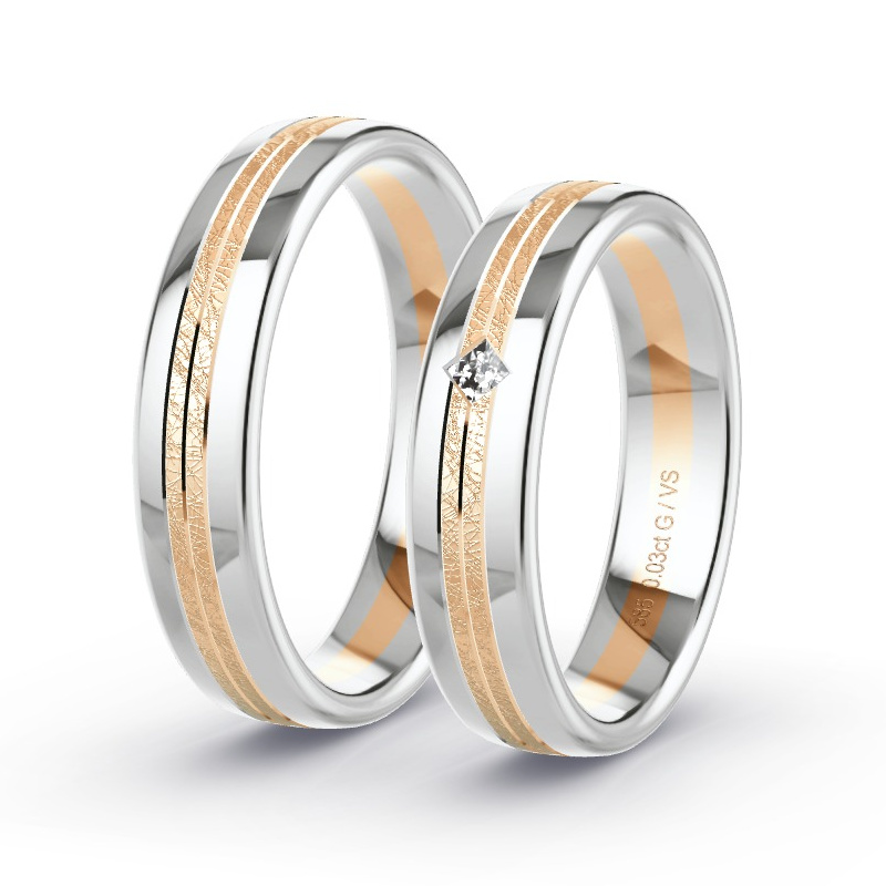 Wedding Rings 14ct Apricot Gold/White Gold - 0.03ct Diamonds - Model N°1663