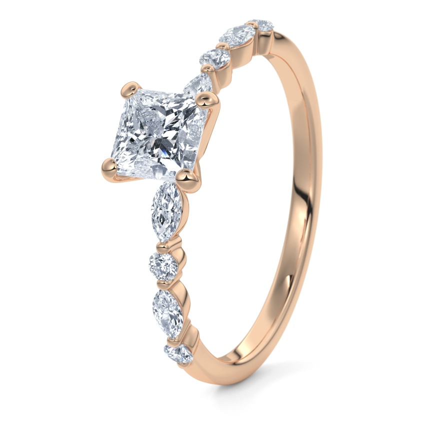 Engagement Ring 14ct Rose Gold - 0.54ct Diamonds - Model N°3018 Princess, Side-Stone