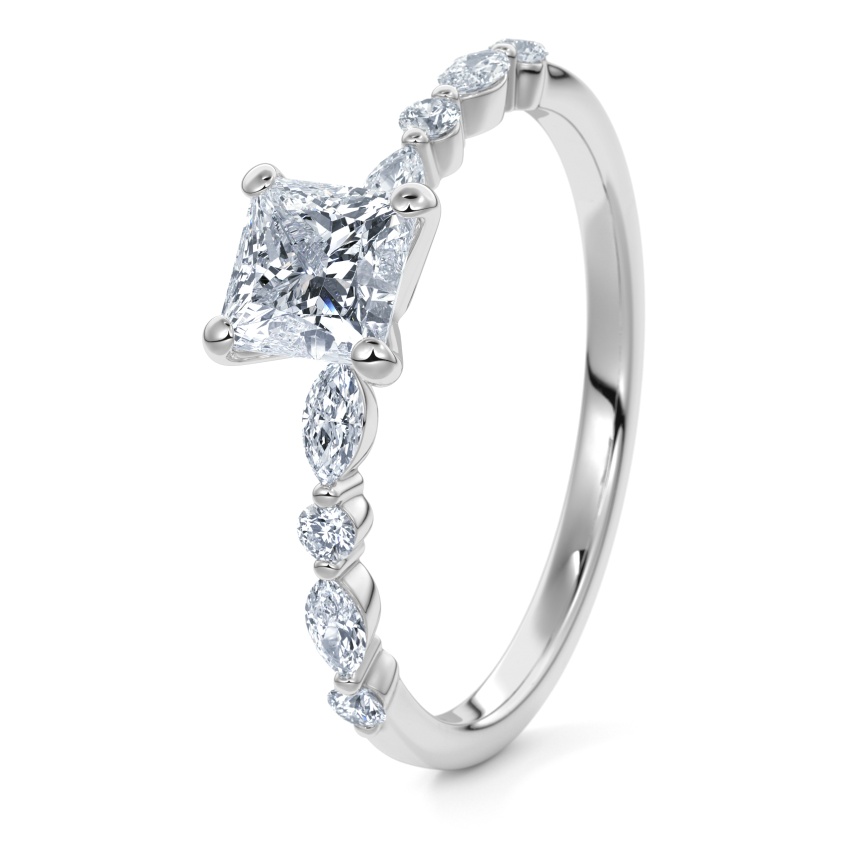 Pierścionek zaręczynowy Białe złoto 750 - 0.54 ct diamentem - Model N°3018 Princess, Kamień boczny