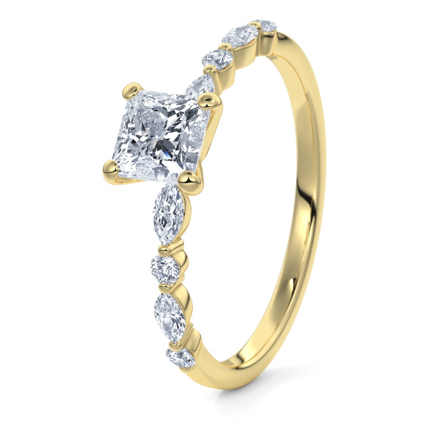 Pierścionek zaręczynowy Żółte złoto 333 - 0.64 ct diamentem - Model N°3018 Princess, Kamień boczny