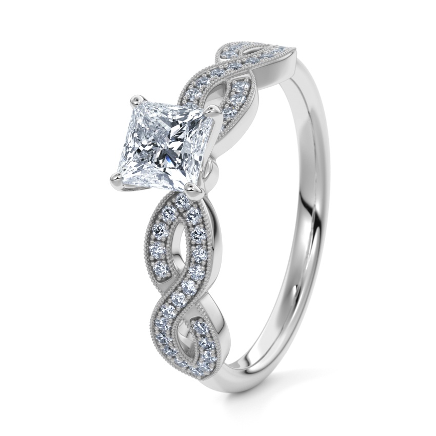 Pierścionek zaręczynowy Białe złoto 750 - 0.51 ct diamentem - Model N°3020 Princess, Kamień boczny, Pavé
