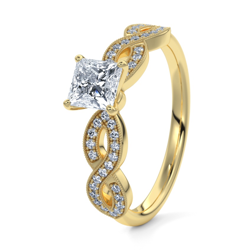 Pierścionek zaręczynowy Żółte złoto 375 - 0.61 ct diamentem - Model N°3020 Princess, Kamień boczny, Pavé